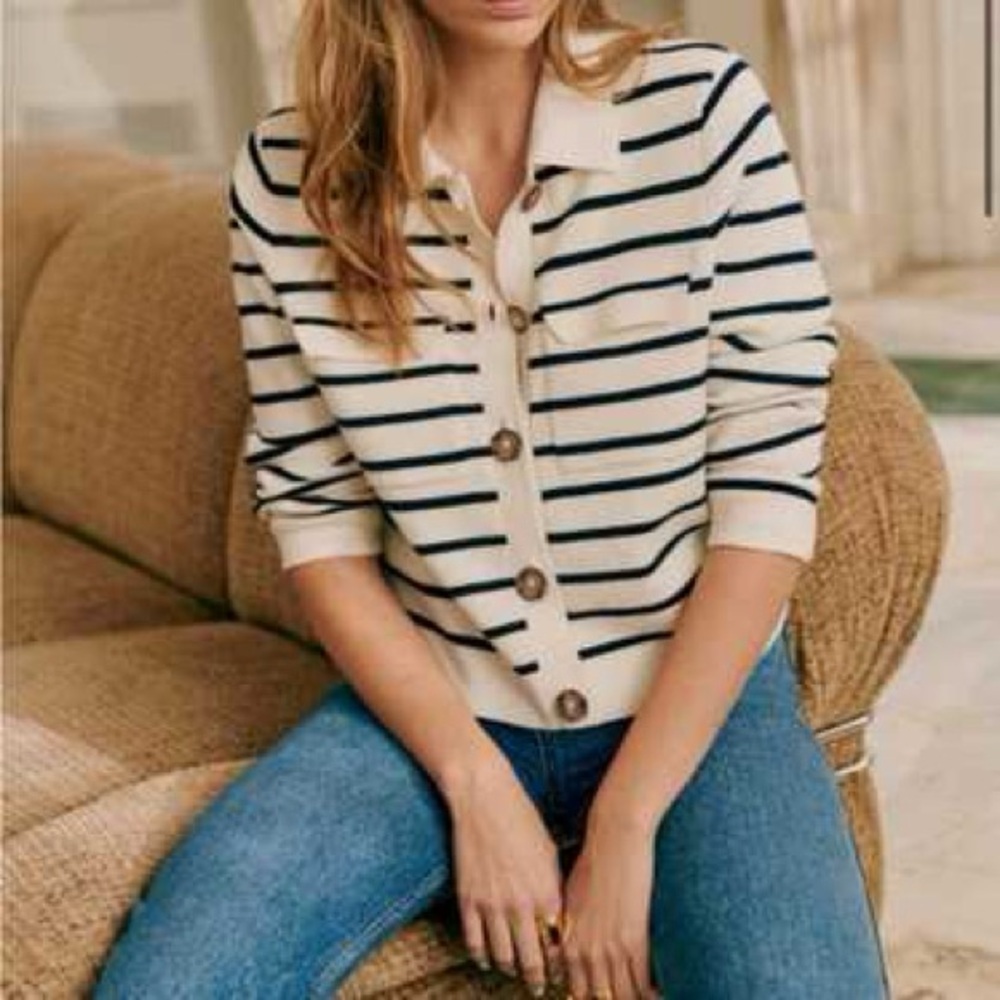 Sézane Betty Cardigan in an ecru and black striped pattern